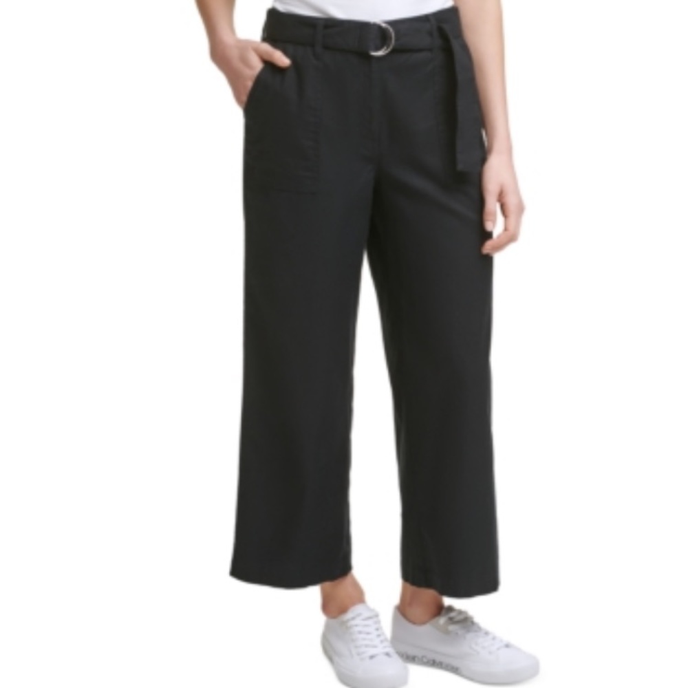 Calvin Klein Women's Belted Straight Cropped Pants, Black, Size: 6